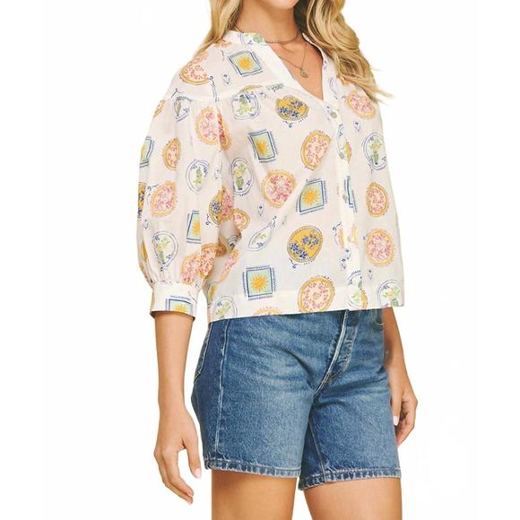 NEW PINCH amalfi print button down top in white - Picture 2 of 6